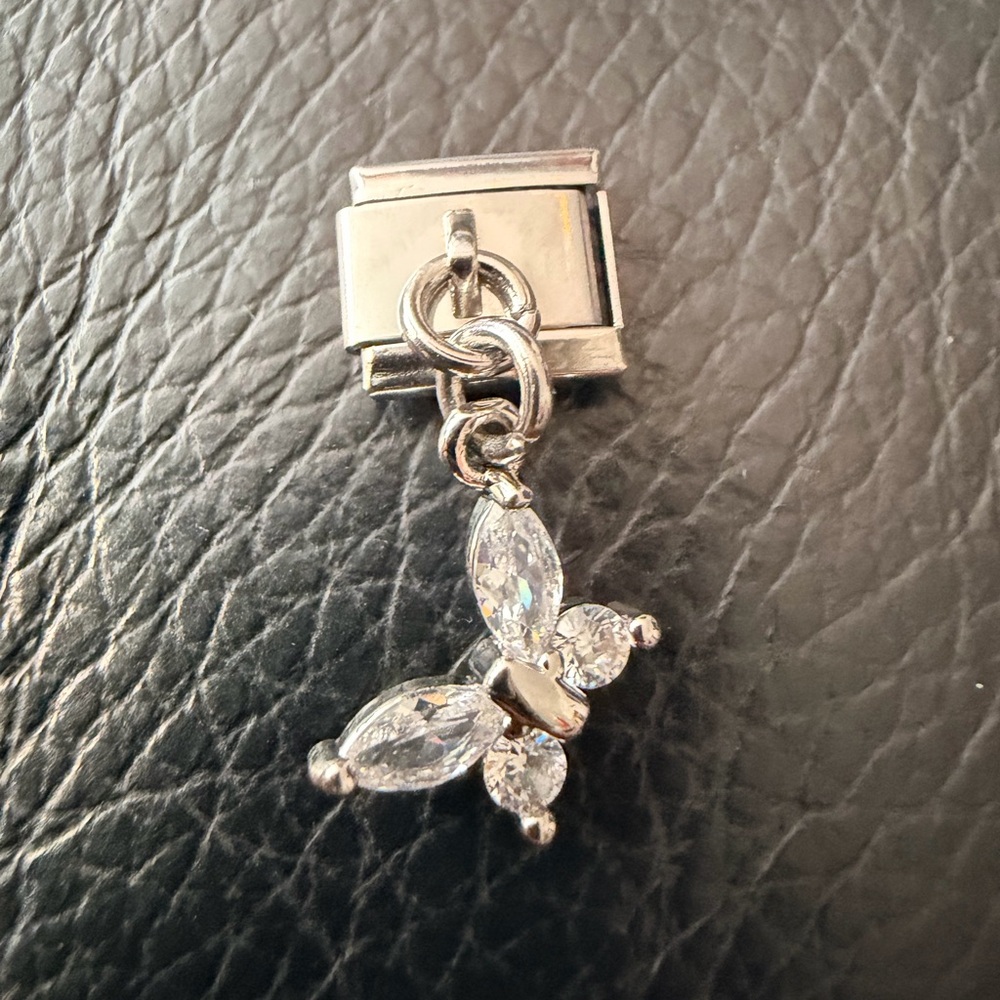 Crystal Butterfly Italian Charm Dangle Link (Silver Tone)